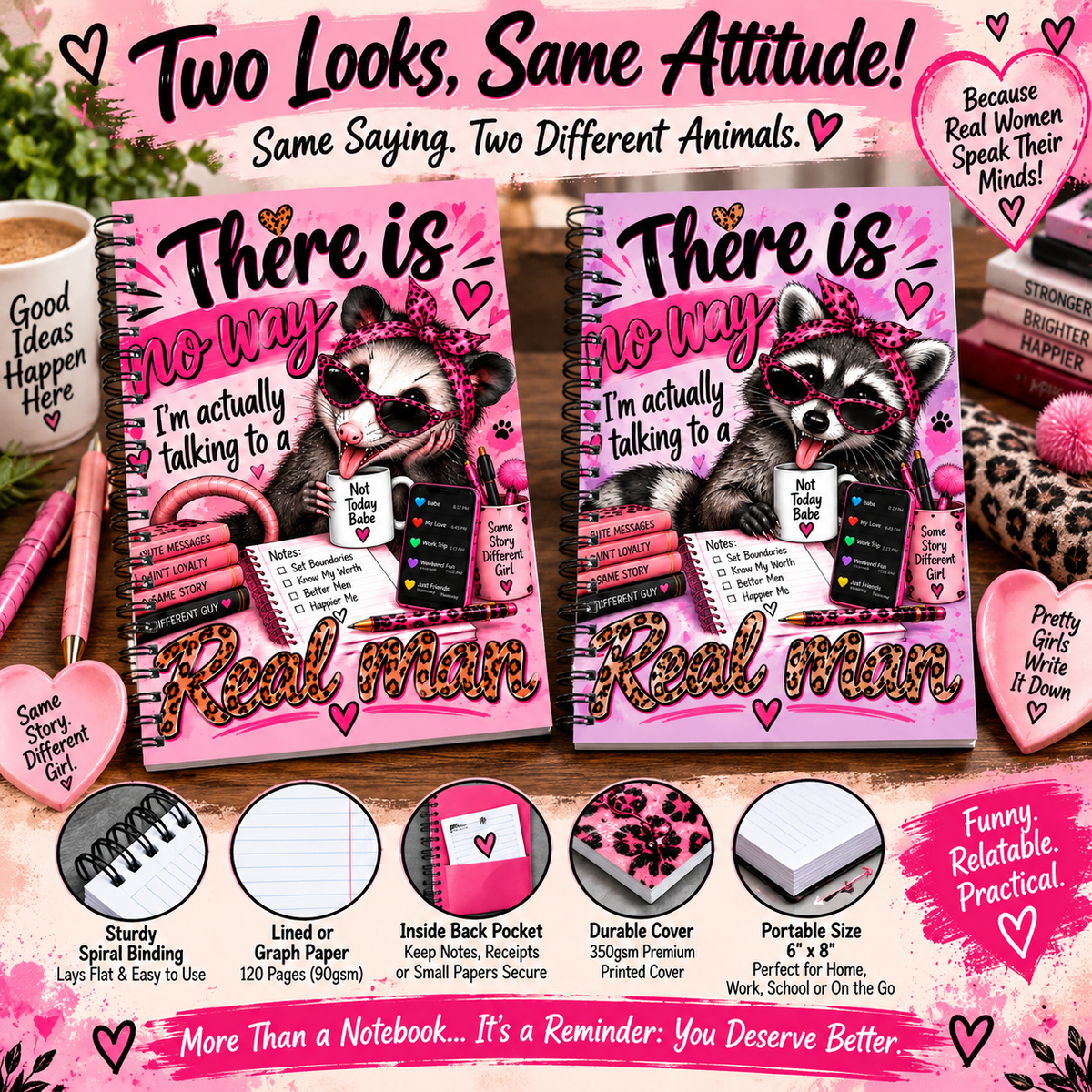 There Is No Way I’m Talking to a Real Man Spiral Notebook – Funny Raccoon Dating Disasters Notebook