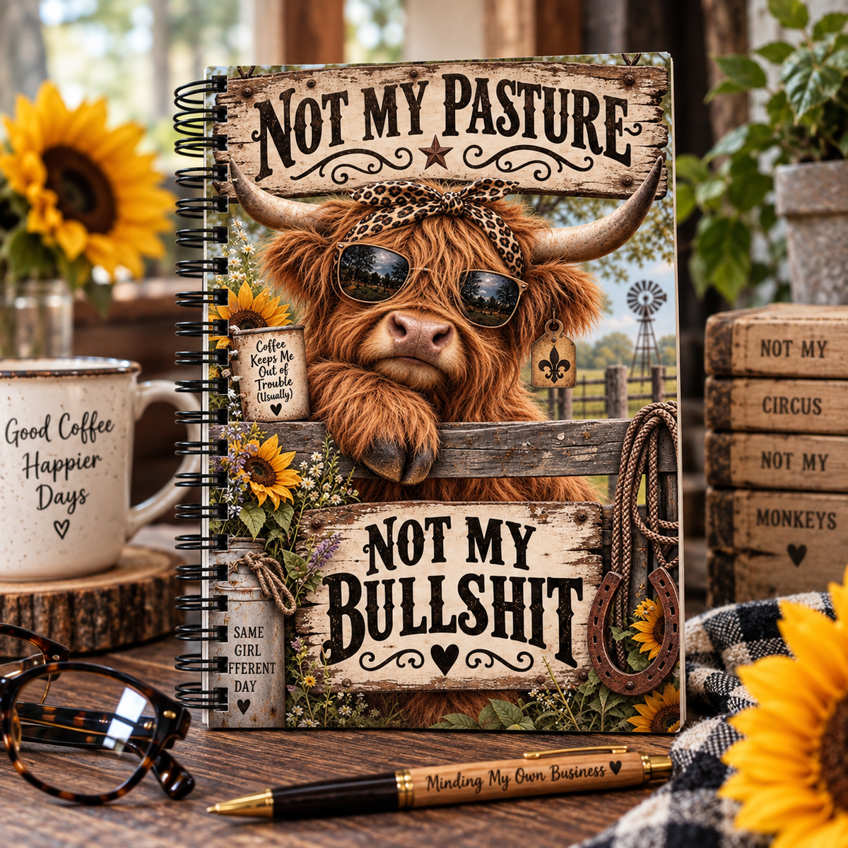 Not My Pasture Not My Bullshit Highland Cow Journal – Funny Sarcastic Cow Spiral Notebook, Country Girl & Cow Lover Gift