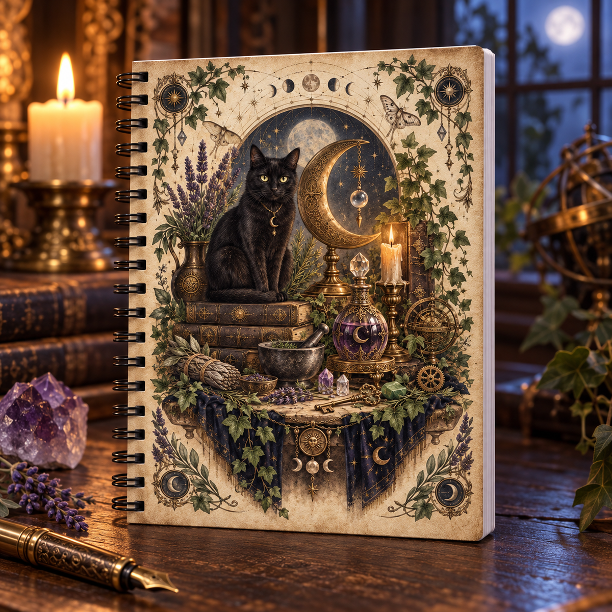 Vintage Witchy Notebook – Black Cat, Crescent Moon and Apothecary Journal
