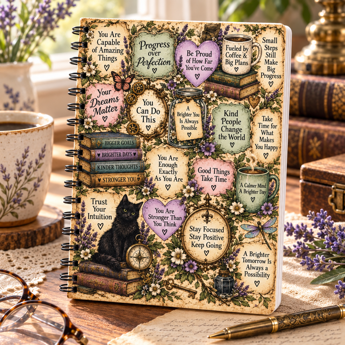 Vintage Inspirational Quote Notebook – Motivational Journal with Cottage Botanical Collage
