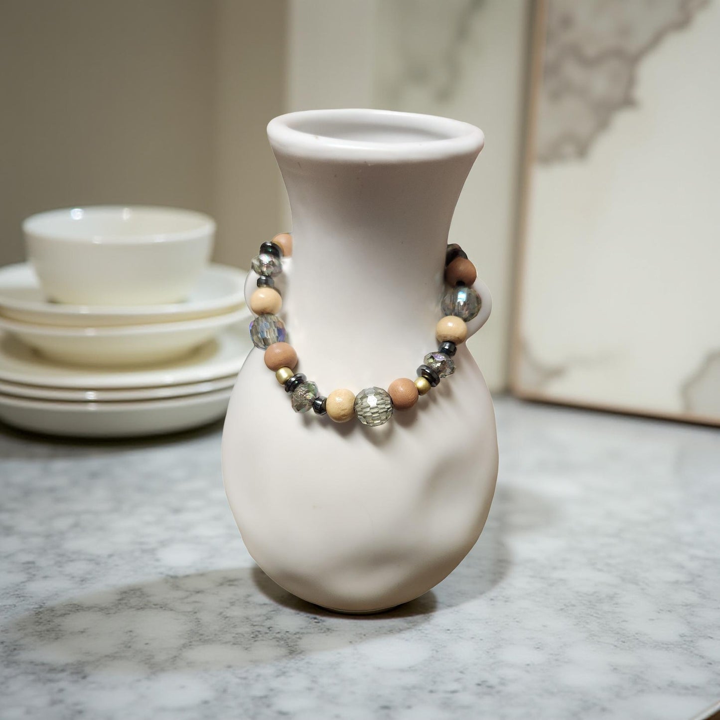 Handmade Iridescent Beaded Bracelets – Wood & Plastic Bead Mix - Cypress & Sage - Vermilion