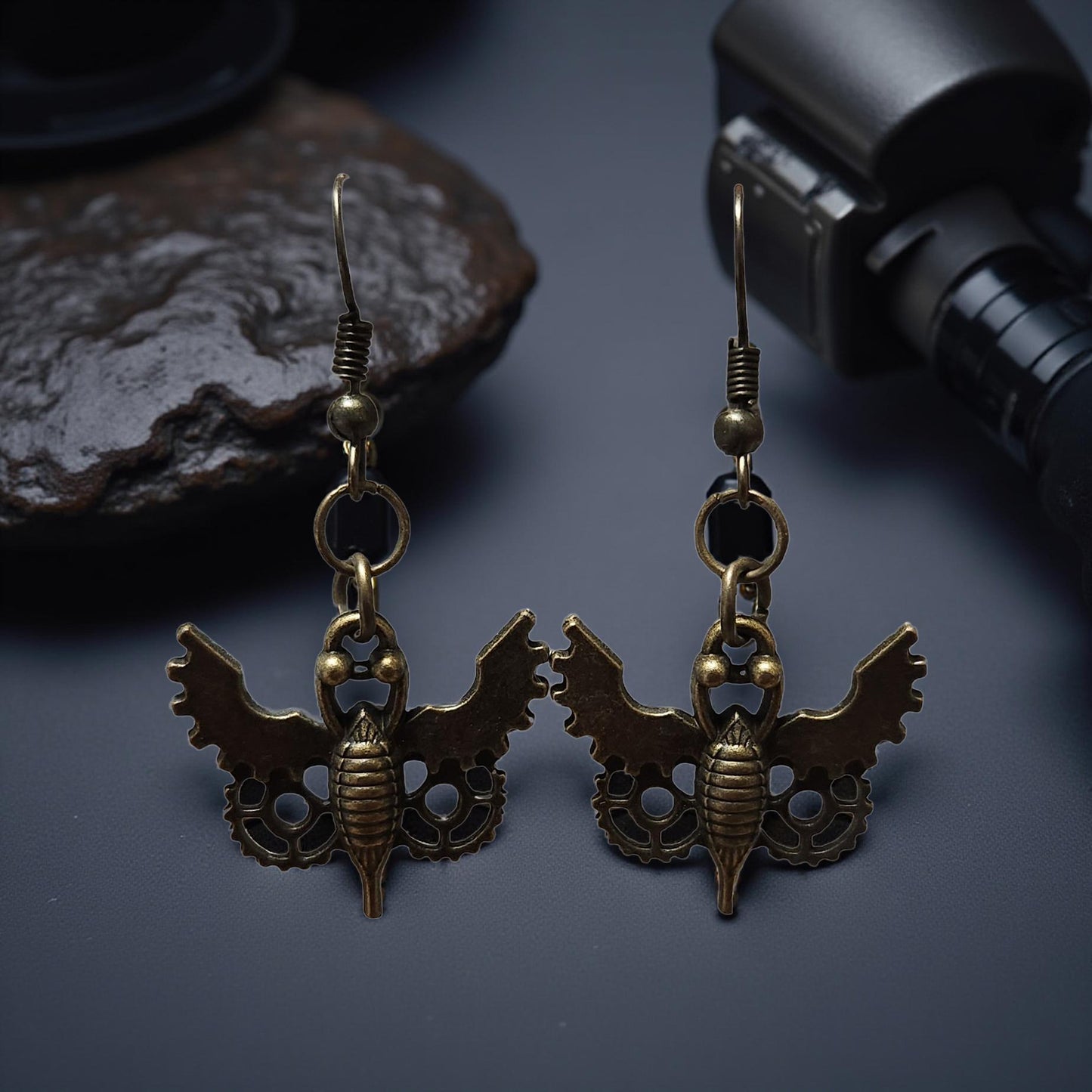 Handmade Steampunk Earrings – Gear, Moth & Beetle Statement Jewelry - Cypress & Sage - Vermilion