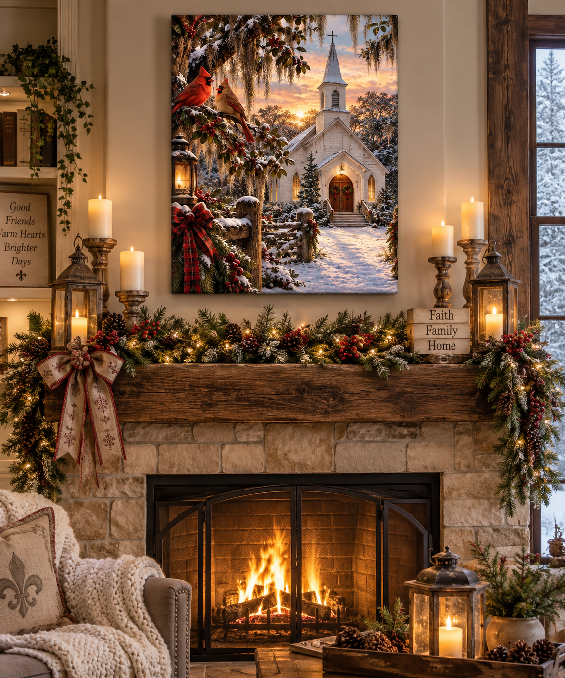 Cardinals at the Country Church Canvas Wall Art – Winter White Church Cardinal Memorial Print, Christian Farmhouse Décor