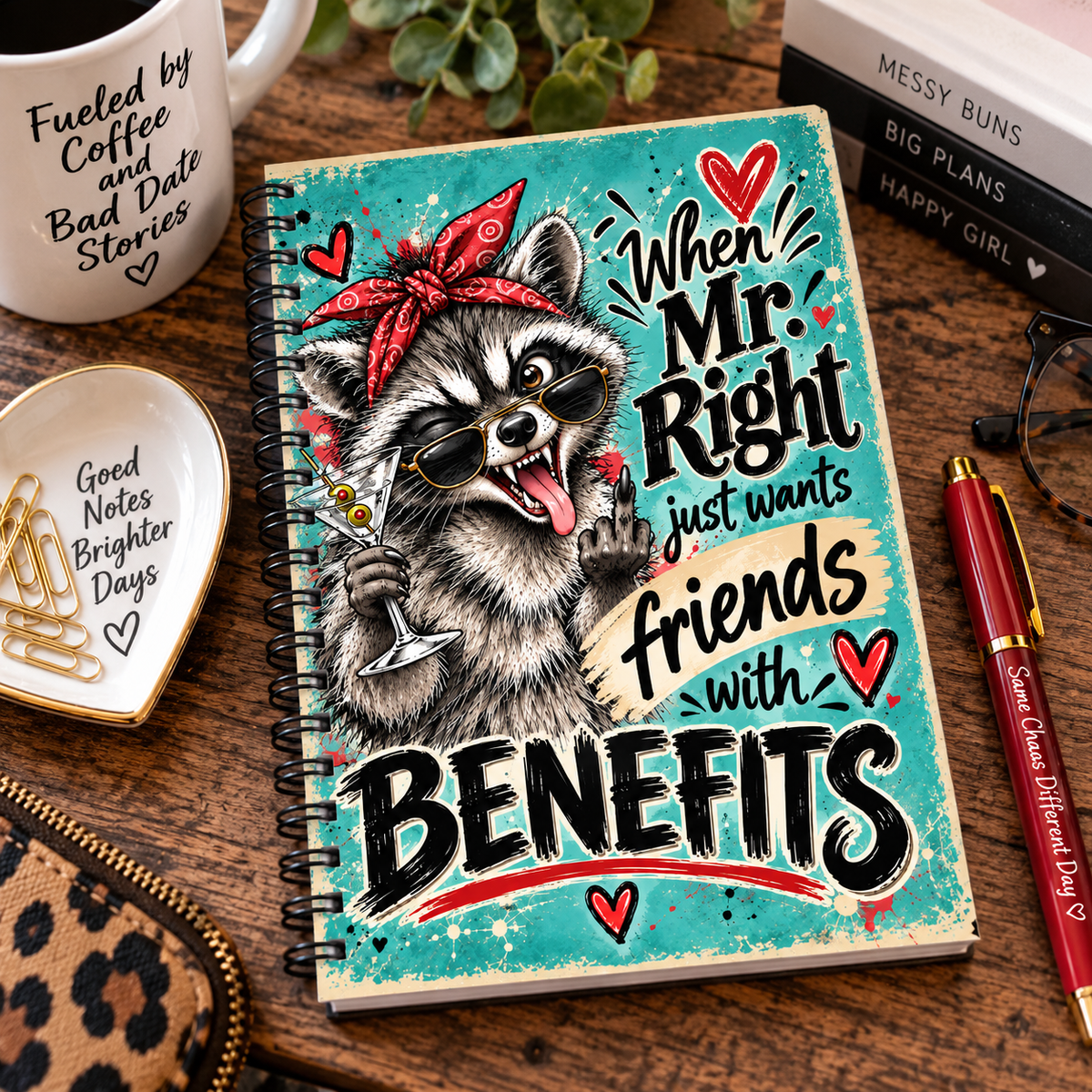 Dating Disasters Spiral Notebook – When Mr. Right Just Wants Friends With Benefits Funny Raccoon Notebook