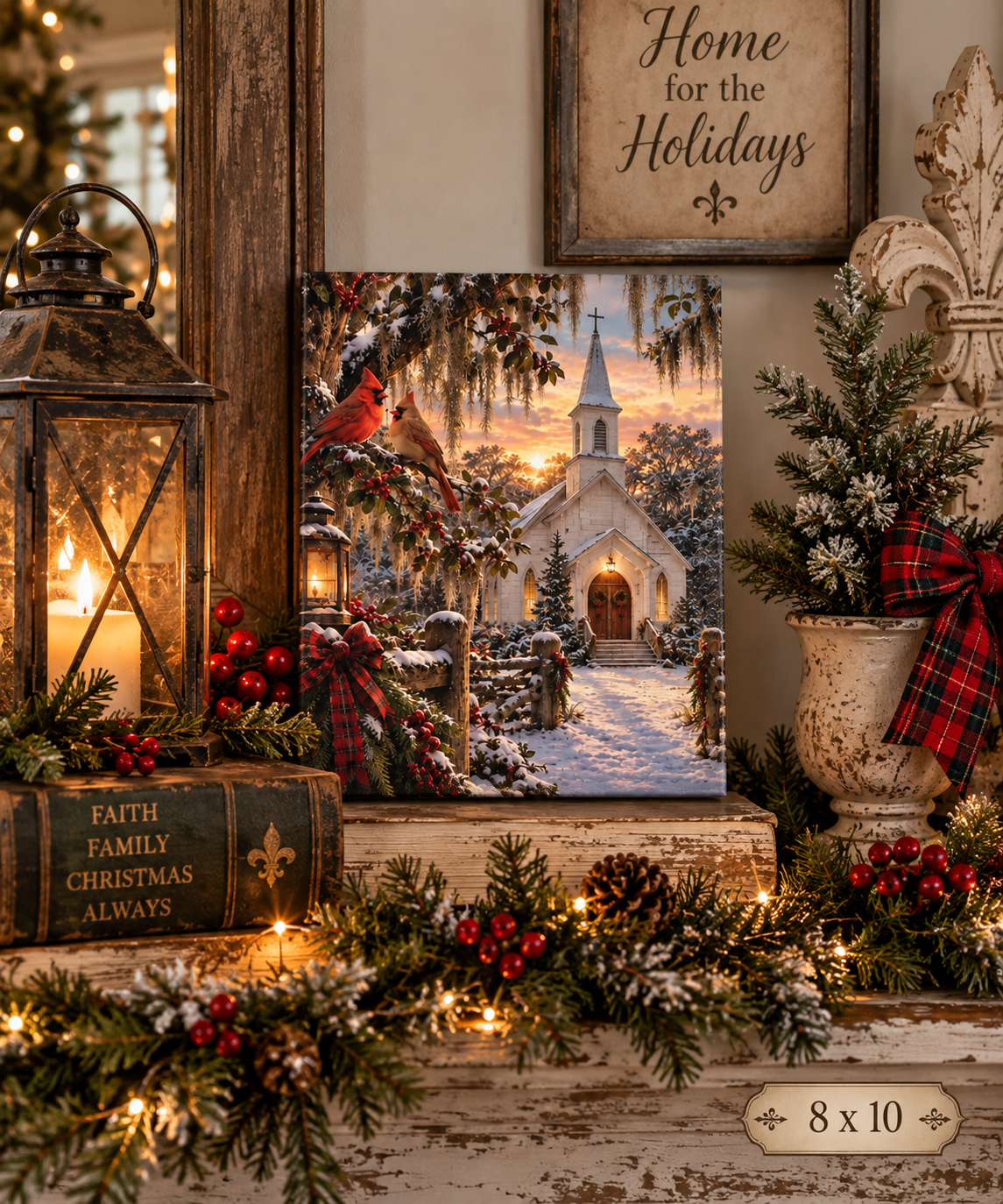 Cardinals at the Country Church Canvas Wall Art – Winter White Church Cardinal Memorial Print, Christian Farmhouse Décor
