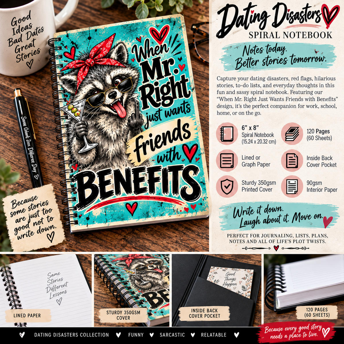 Dating Disasters Spiral Notebook – When Mr. Right Just Wants Friends With Benefits Funny Raccoon Notebook