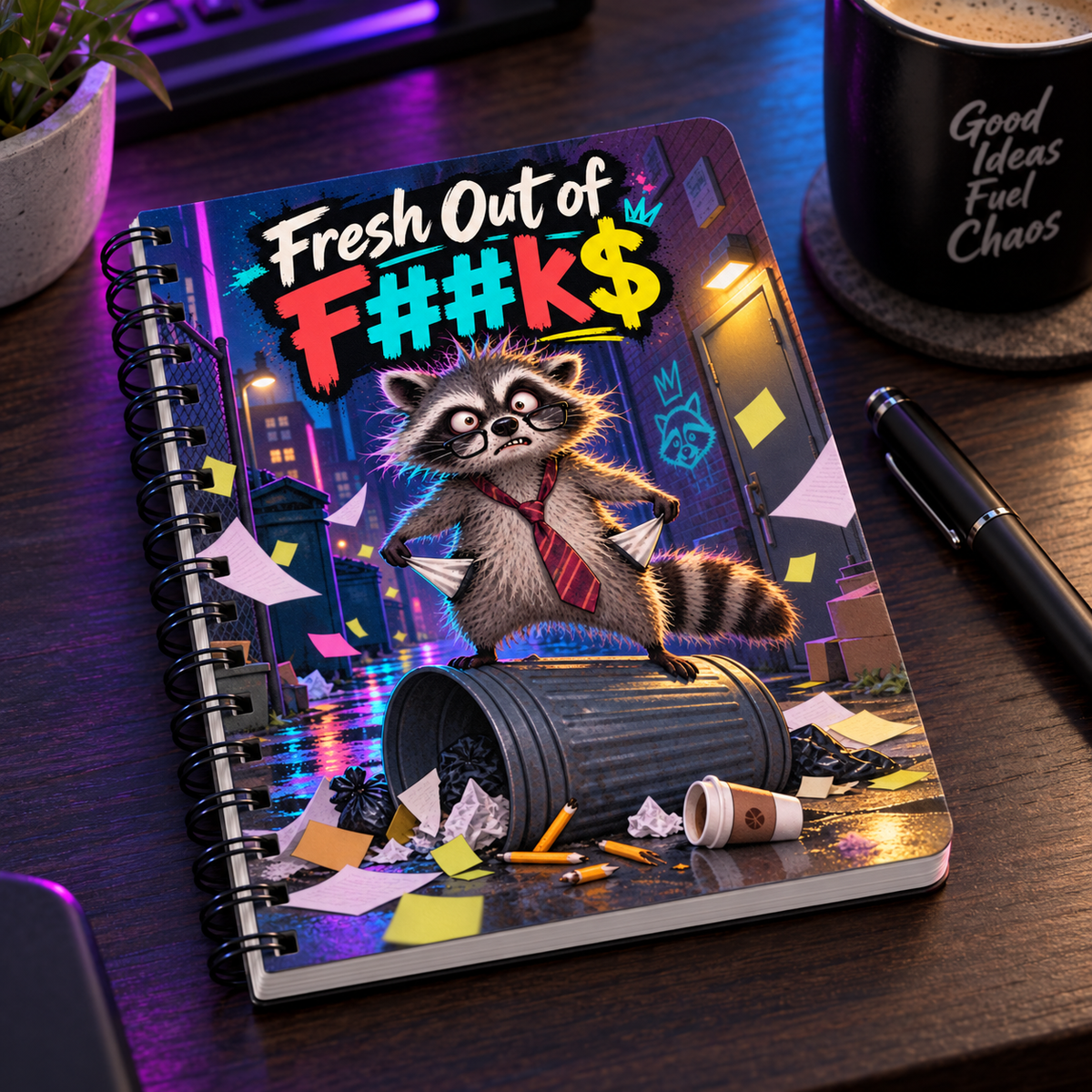 Fresh Out of F##K$ Raccoon Notebook | Funny Feral Raccoon Journal | Sarcastic Adult Humor Spiral Notebook | Coworker Gift