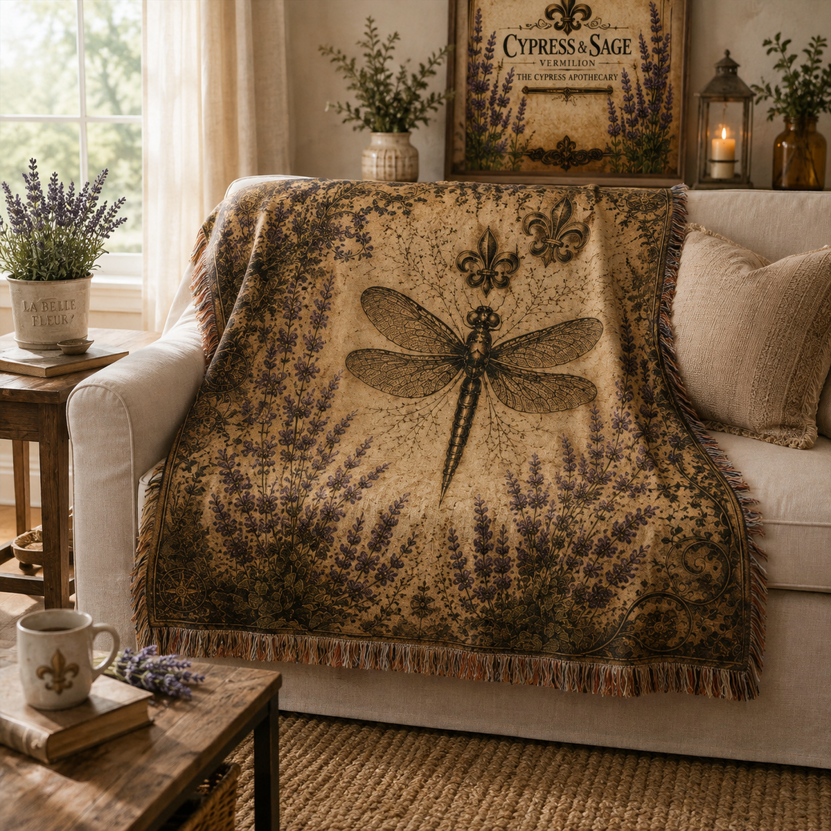Dragonfly & Lavender Woven Throw Blanket – Fleur de Lis Botanical Decor