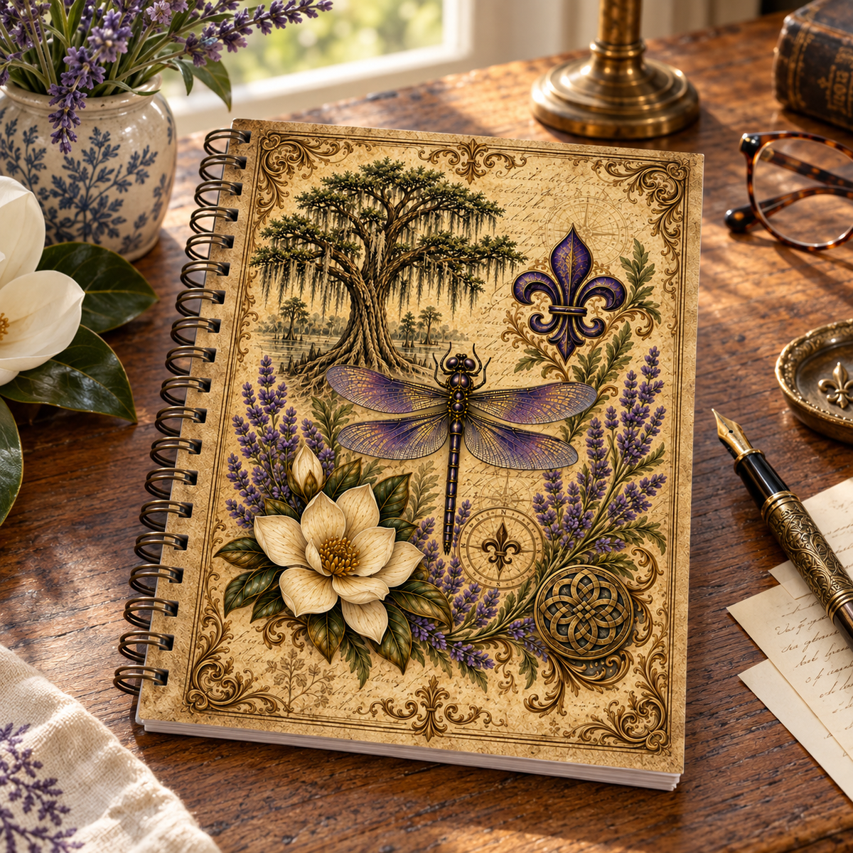 Vintage Louisiana Dragonfly Spiral Notebook – Cypress, Magnolia & Fleur-de-Lis Journal