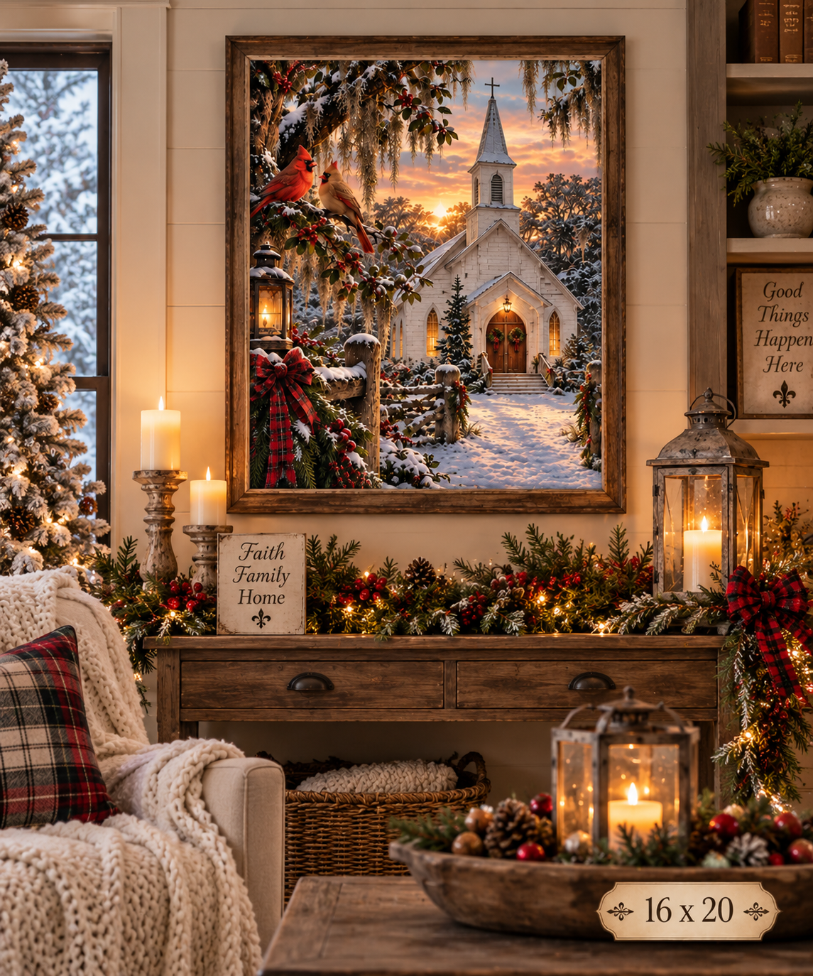 Cardinals at the Country Church Canvas Wall Art – Winter White Church Cardinal Memorial Print, Christian Farmhouse Décor