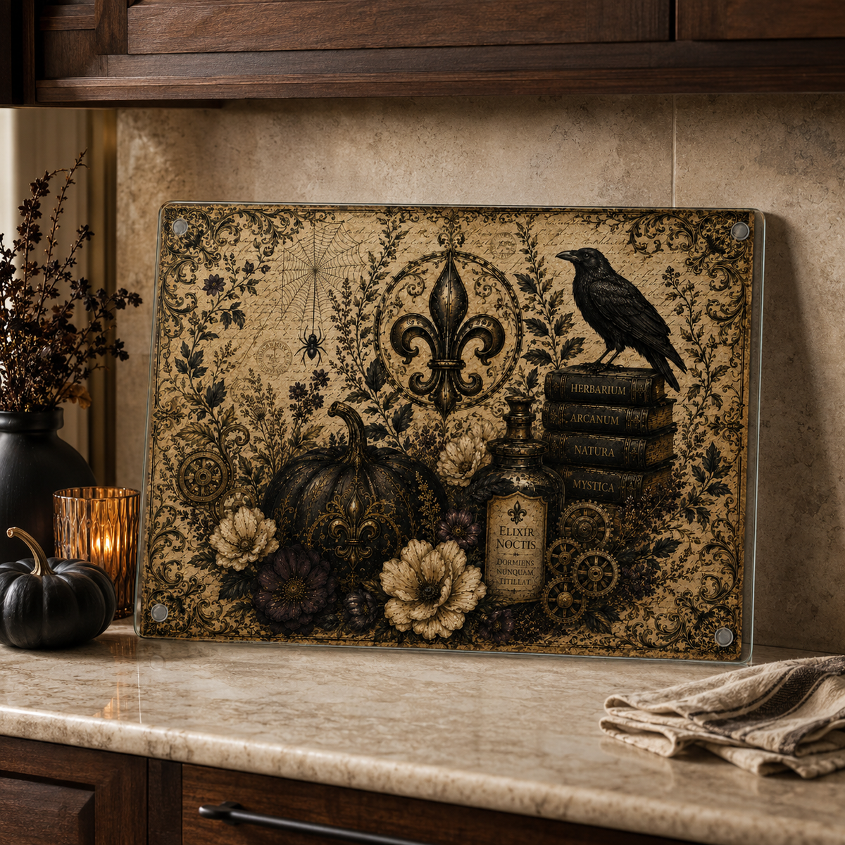 Gothic Raven & Fleur-de-Lis Glass Cutting Board – Halloween Décor