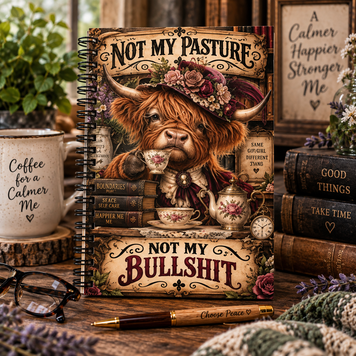 Not My Pasture Not My Bullshit Highland Cow Journal – Funny Sarcastic Spiral Notebook, Cow Lover Gift, Farmhouse Journal