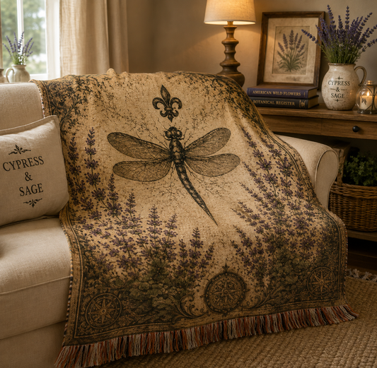Dragonfly & Lavender Woven Throw Blanket – Fleur de Lis Botanical Decor