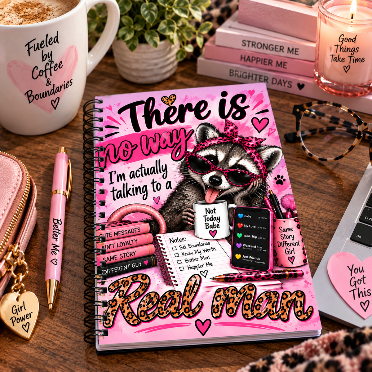 There Is No Way I’m Talking to a Real Man Spiral Notebook – Funny Raccoon Dating Disasters Notebook