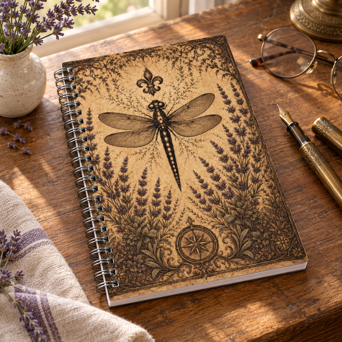 Vintage Dragonfly Spiral Notebook – Lavender, Fleur-de-Lis and Compass Journal