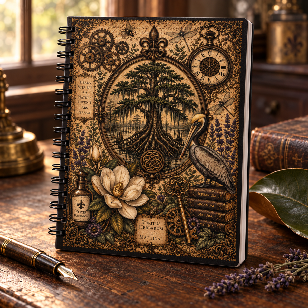 Vintage Louisiana Cypress & Pelican Spiral Notebook – Steampunk Botanical Journal