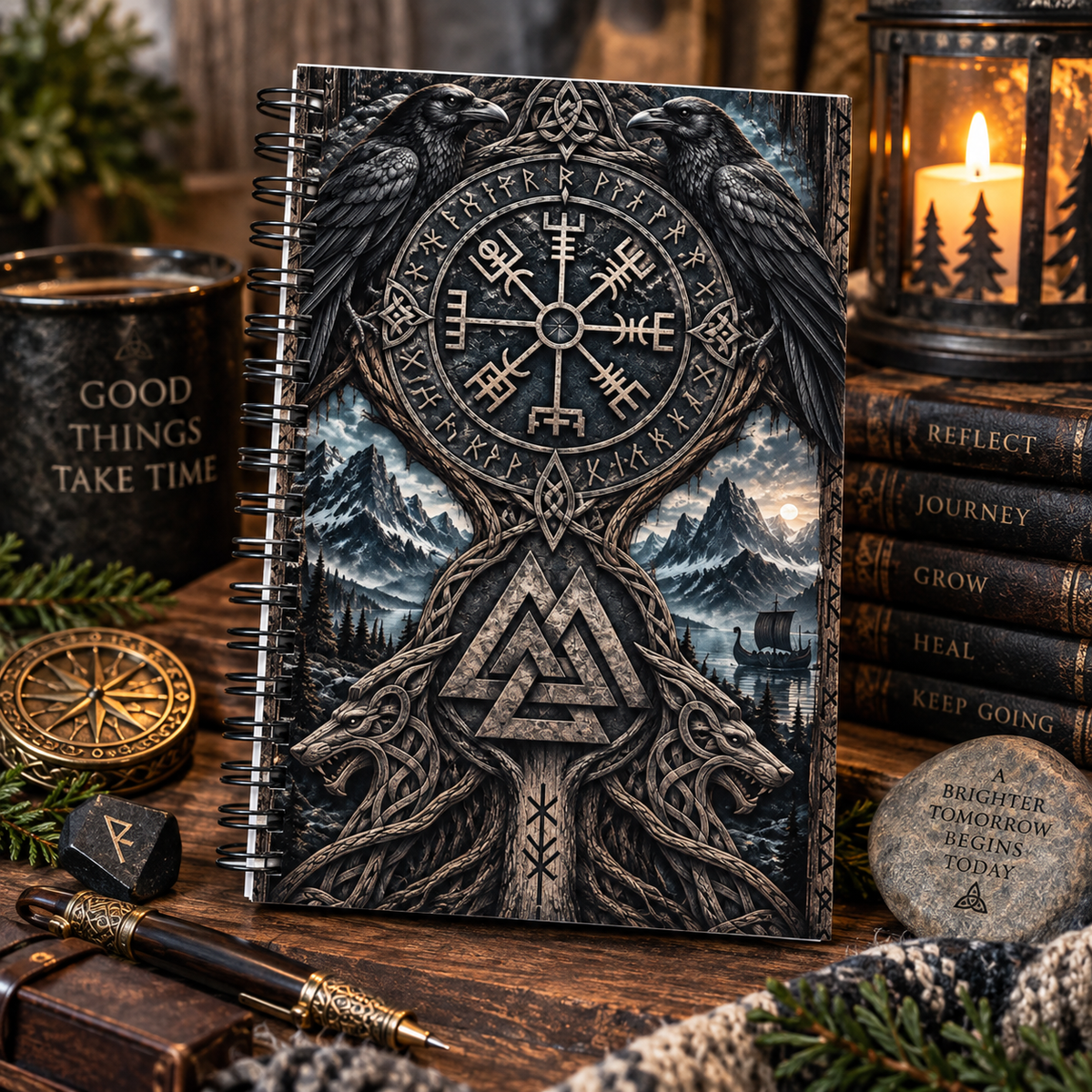 Norse Compass Journal – Vegvísir Inspired Viking Notebook with Ravens & Valknut – Guidance, Strength & Personal Growth Gift