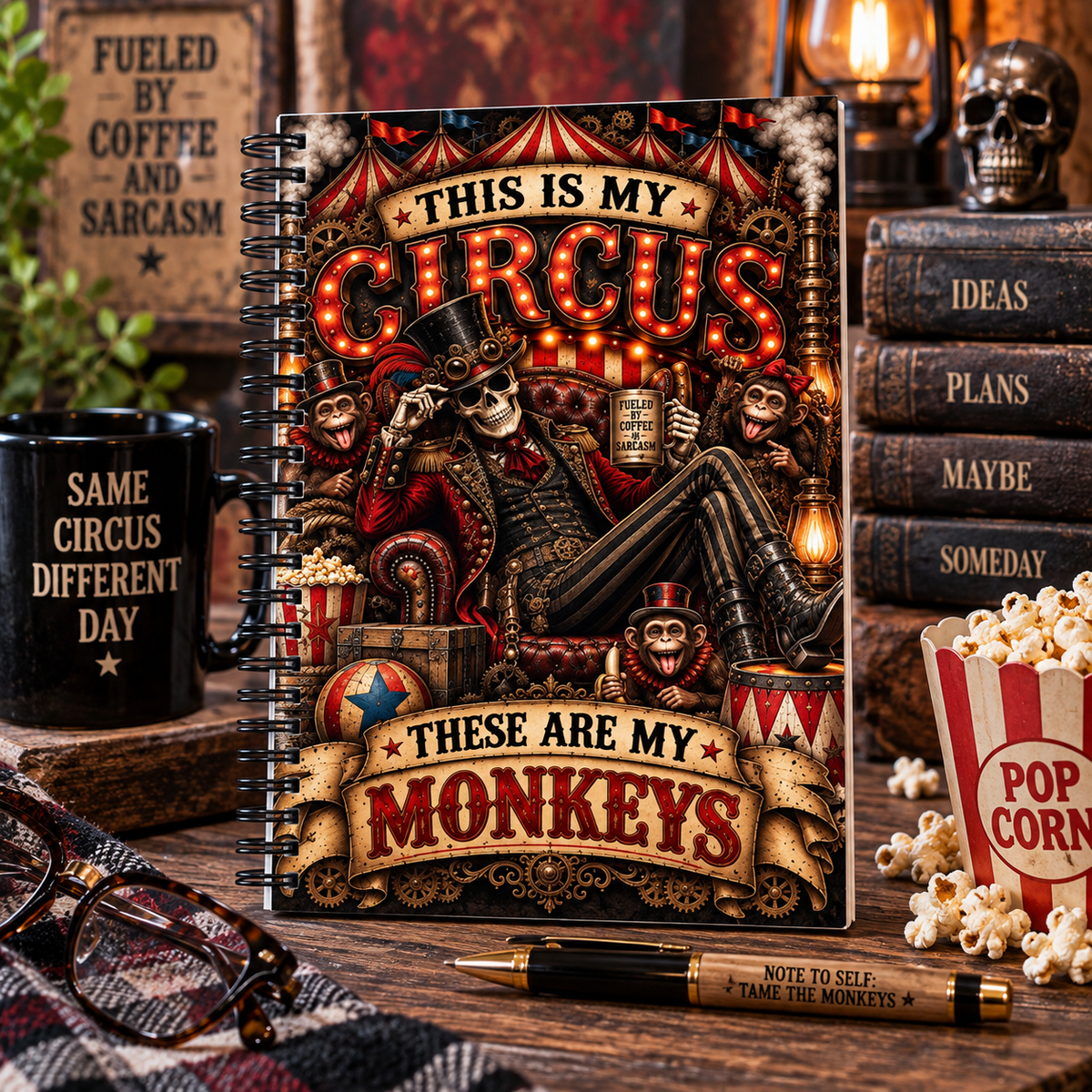 This Is My Circus These Are My Monkeys Skeleton Journal – Funny Vintage Circus Spiral Notebook, Sarcastic Gothic Gift