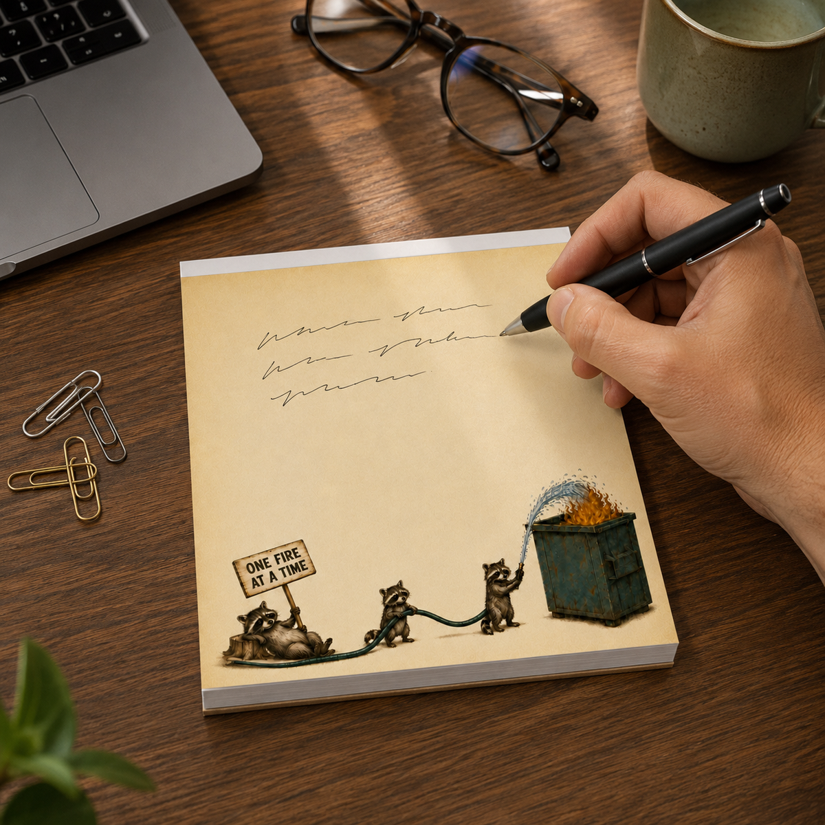 Dumpster Fire Raccoon Notepad – Funny Coworker Gift