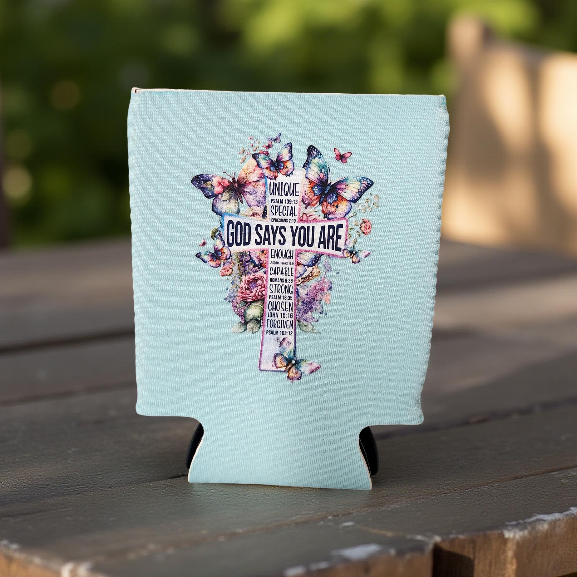 🥤 Can Koozies – Butterflies, God, Deer & Crazy Designs - Cypress & Sage - Vermilion