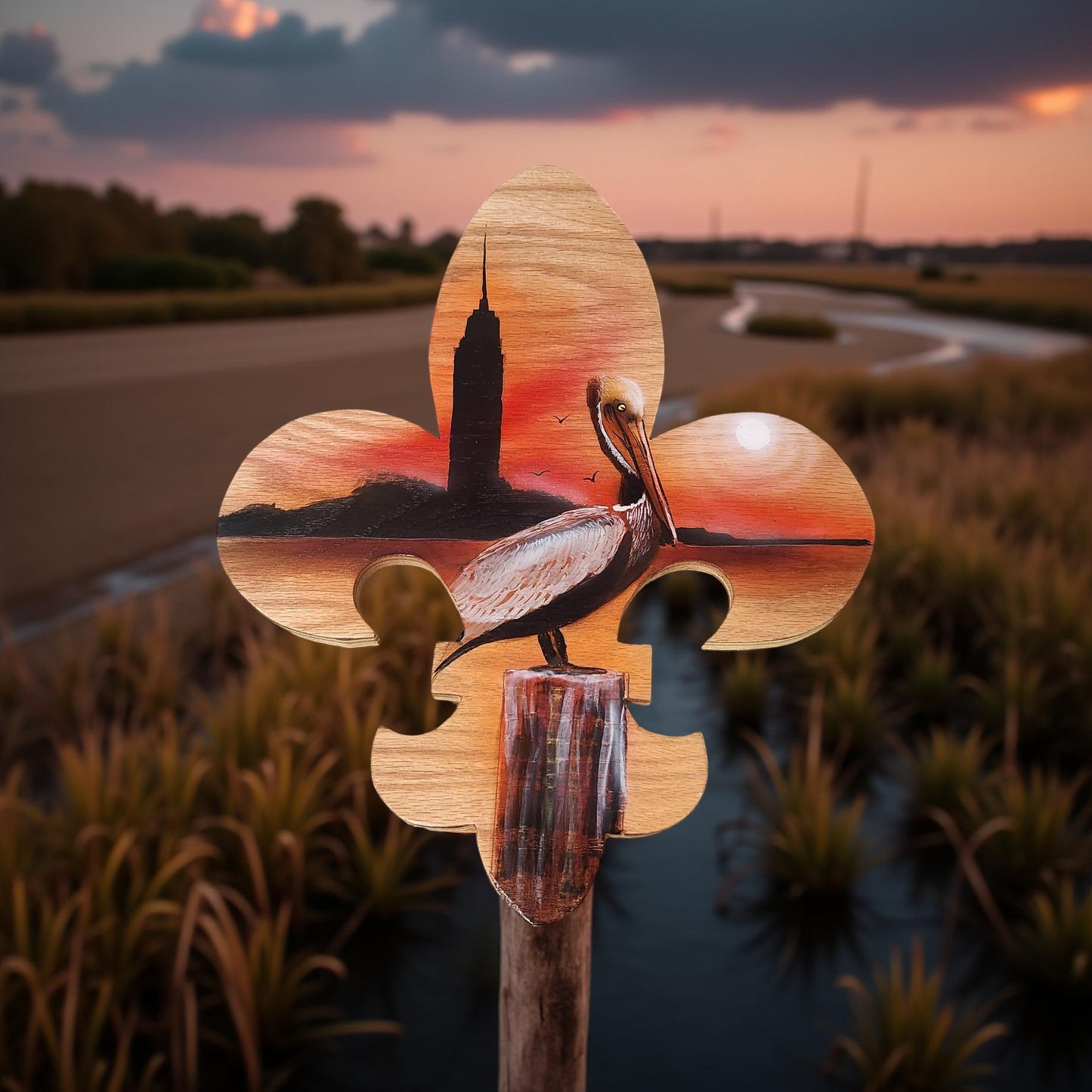 Hand-Painted Fleur de Lis Wall Plaque with Louisiana Scenery Featuring Pelican - Cypress & Sage - Vermilion