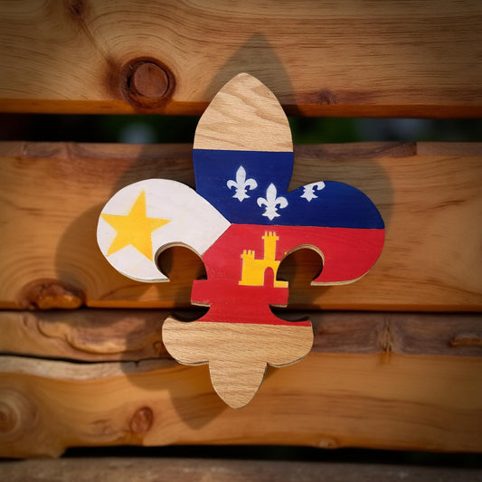 Hand-Painted Fleur de Lis Wall Plaque with Louisiana Scenery Featuring Pelican - Cypress & Sage - Vermilion