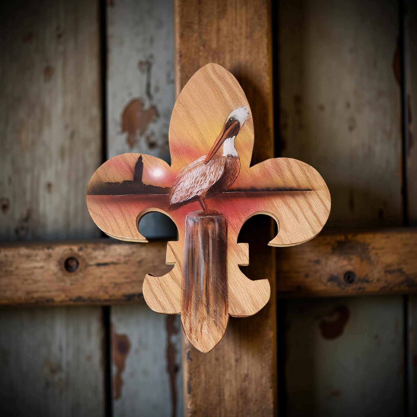Hand-Painted Fleur de Lis Wall Plaque with Louisiana Scenery Featuring Pelican - Cypress & Sage - Vermilion
