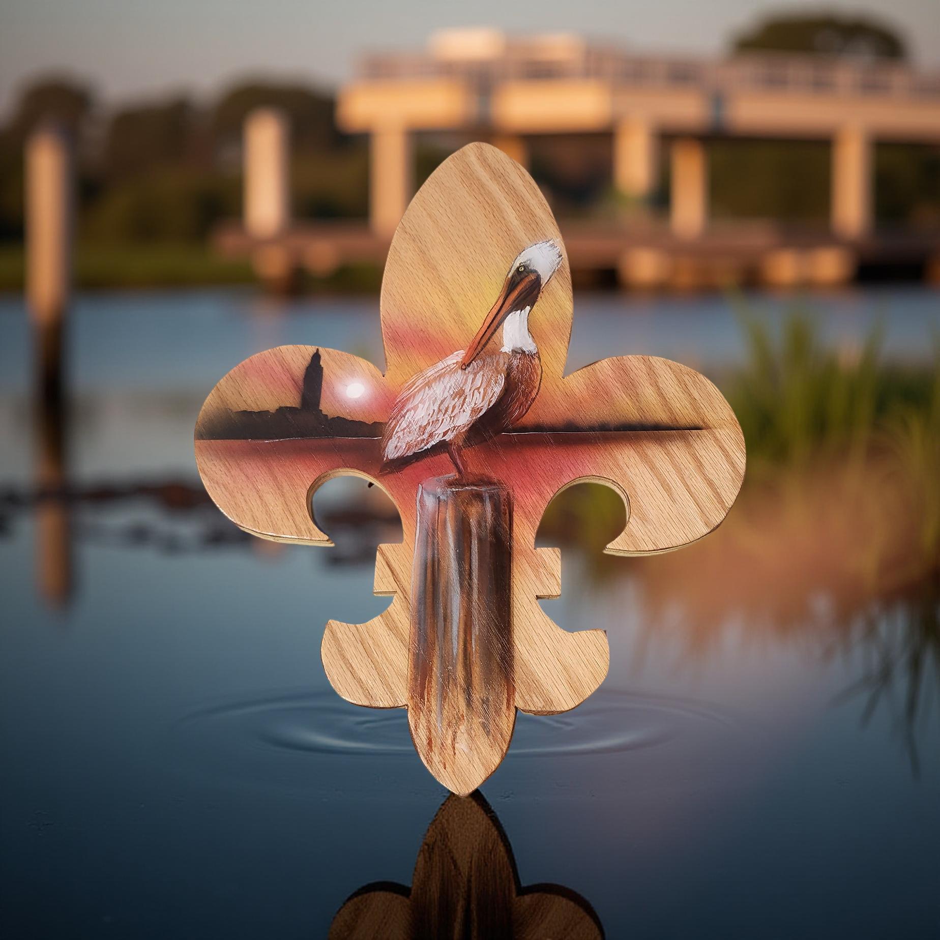 Hand-Painted Fleur de Lis Wall Plaque with Louisiana Scenery Featuring Pelican - Cypress & Sage - Vermilion