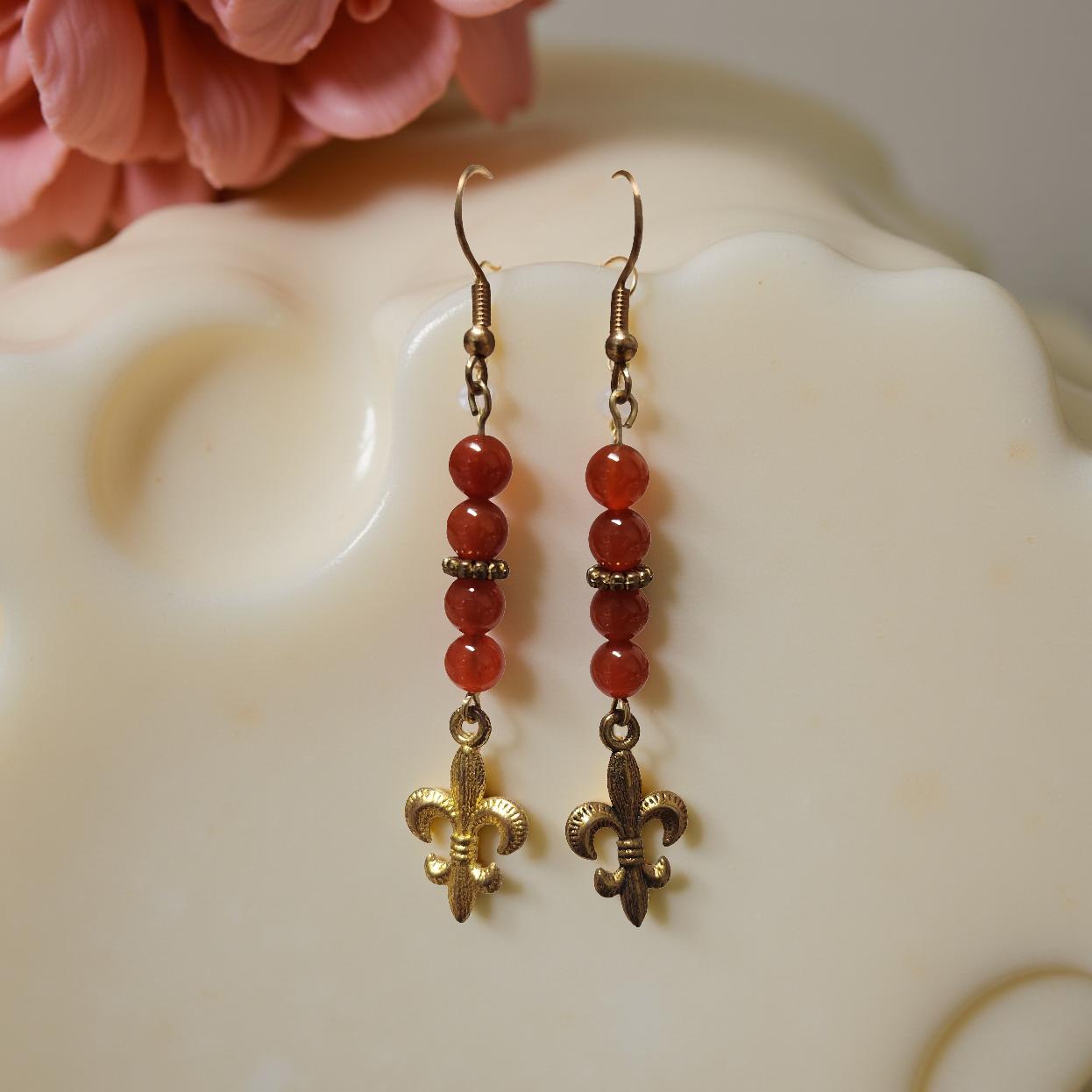 Handmade Fleur‑de‑Lis Earrings with Natural Stone Accents - Cypress & Sage - Vermilion