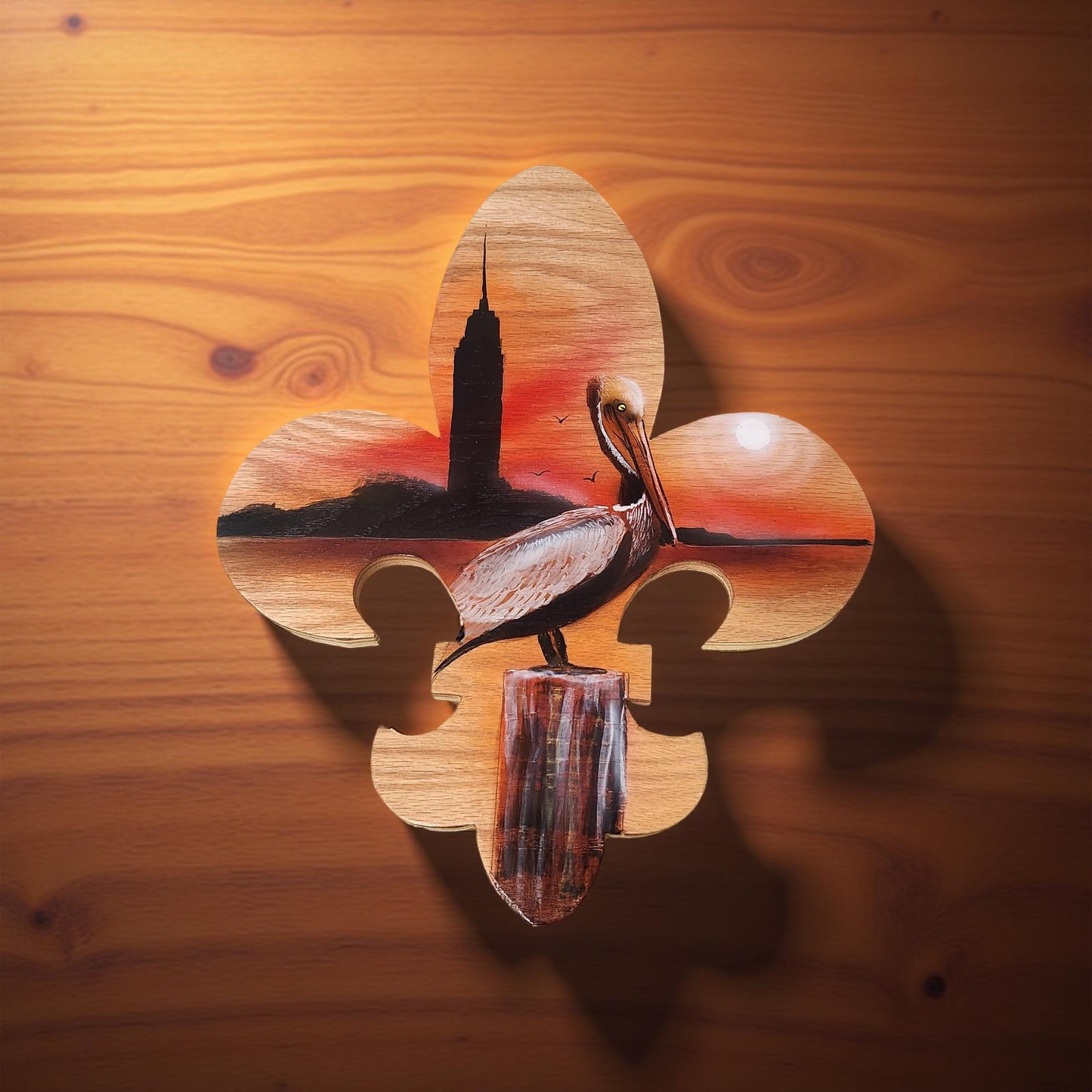 Hand-Painted Fleur de Lis Wall Plaque with Louisiana Scenery Featuring Pelican - Cypress & Sage - Vermilion