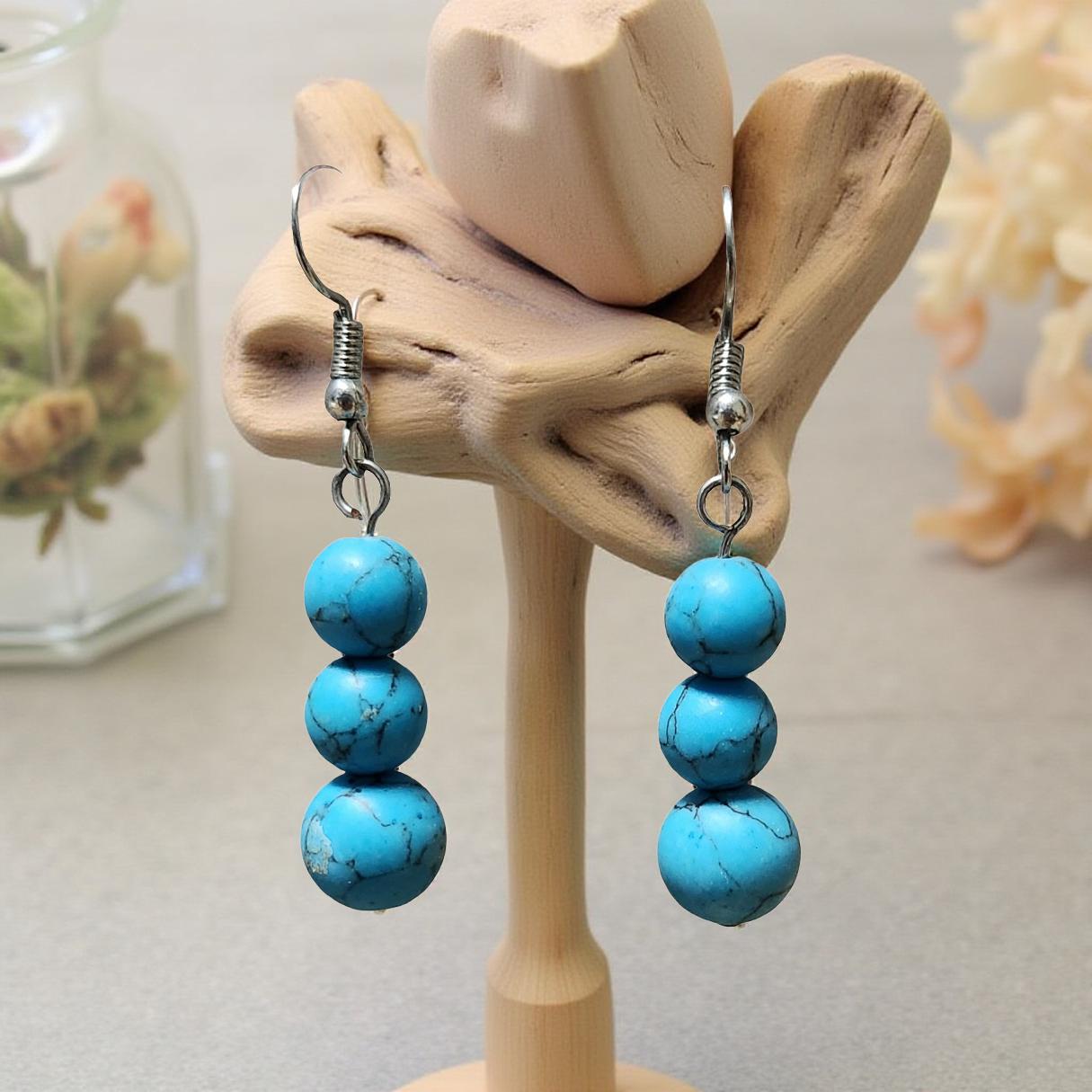 Natural Stone Drop Earrings – 3‑Tier Tiger Eye or Turquoise - Cypress & Sage - Vermilion