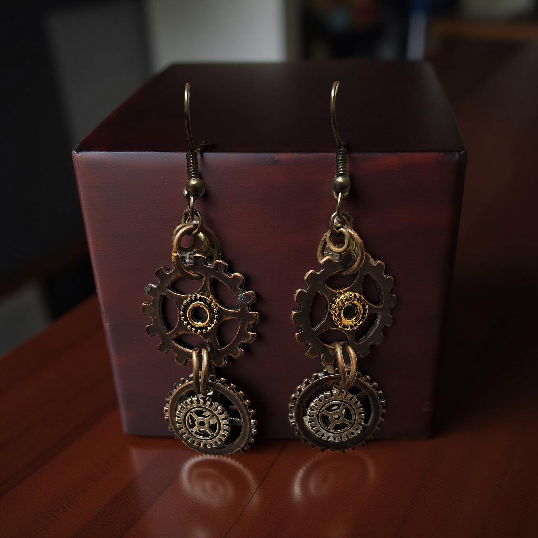 Handmade Steampunk Earrings – Gear, Moth & Beetle Statement Jewelry - Cypress & Sage - Vermilion