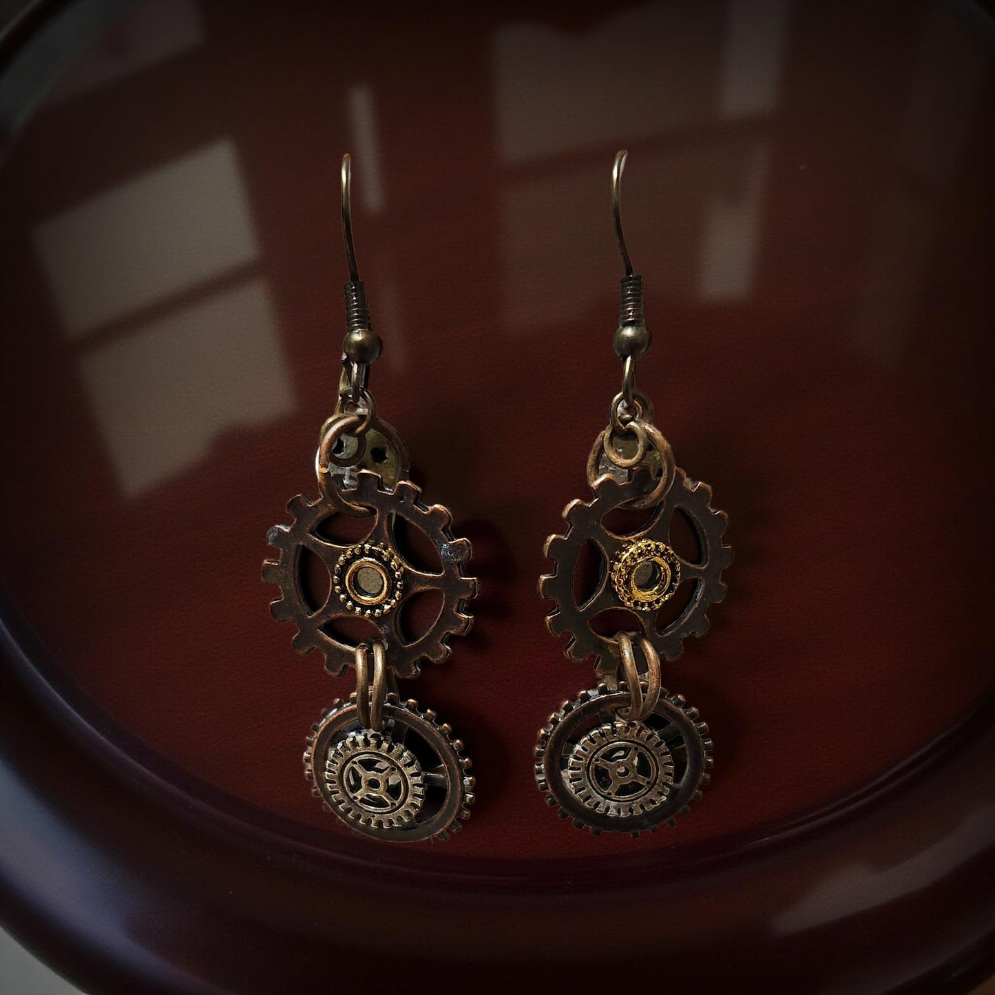Handmade Steampunk Earrings – Gear, Moth & Beetle Statement Jewelry - Cypress & Sage - Vermilion