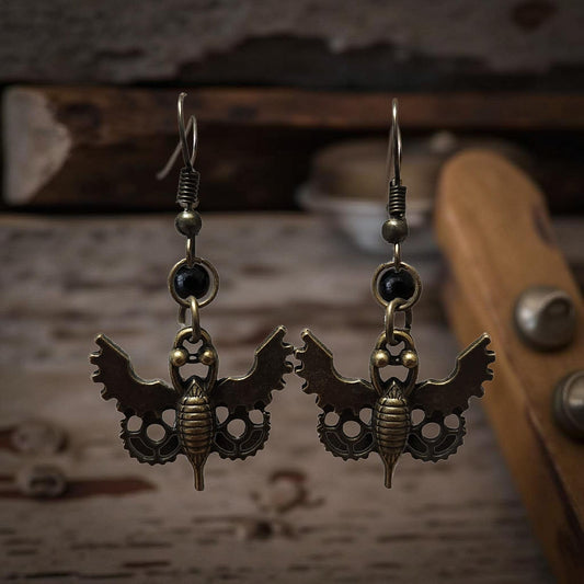 Handmade Steampunk Earrings – Gear, Moth & Beetle Statement Jewelry - Cypress & Sage - Vermilion