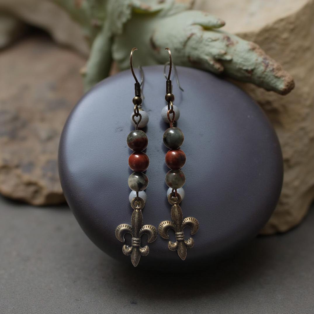 Handmade Fleur‑de‑Lis Earrings with Natural Stone Accents - Cypress & Sage - Vermilion