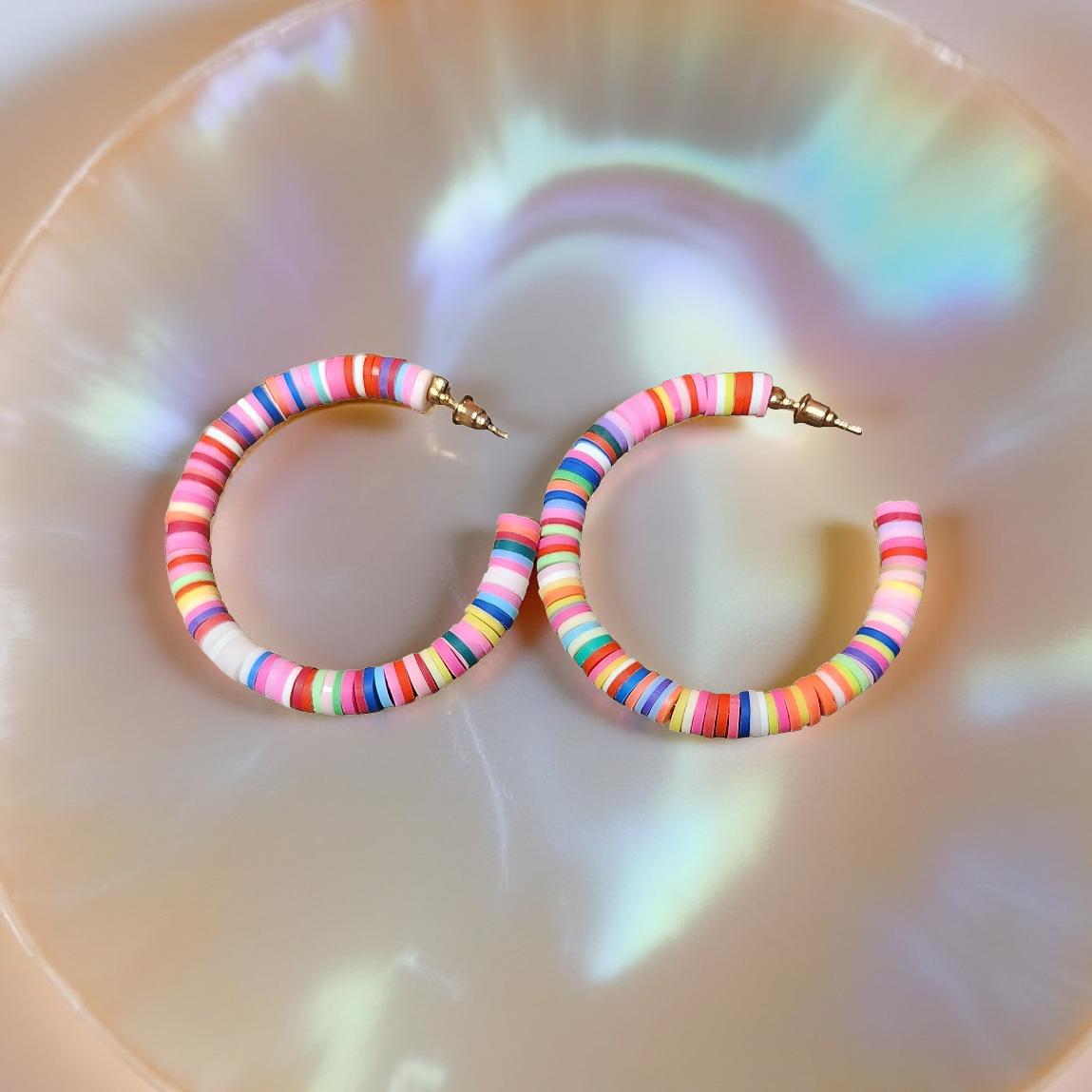 Rainbow Beaded Hoop Earrings – Colorful Statement Jewelry for Everyday Fun - Cypress & Sage - Vermilion
