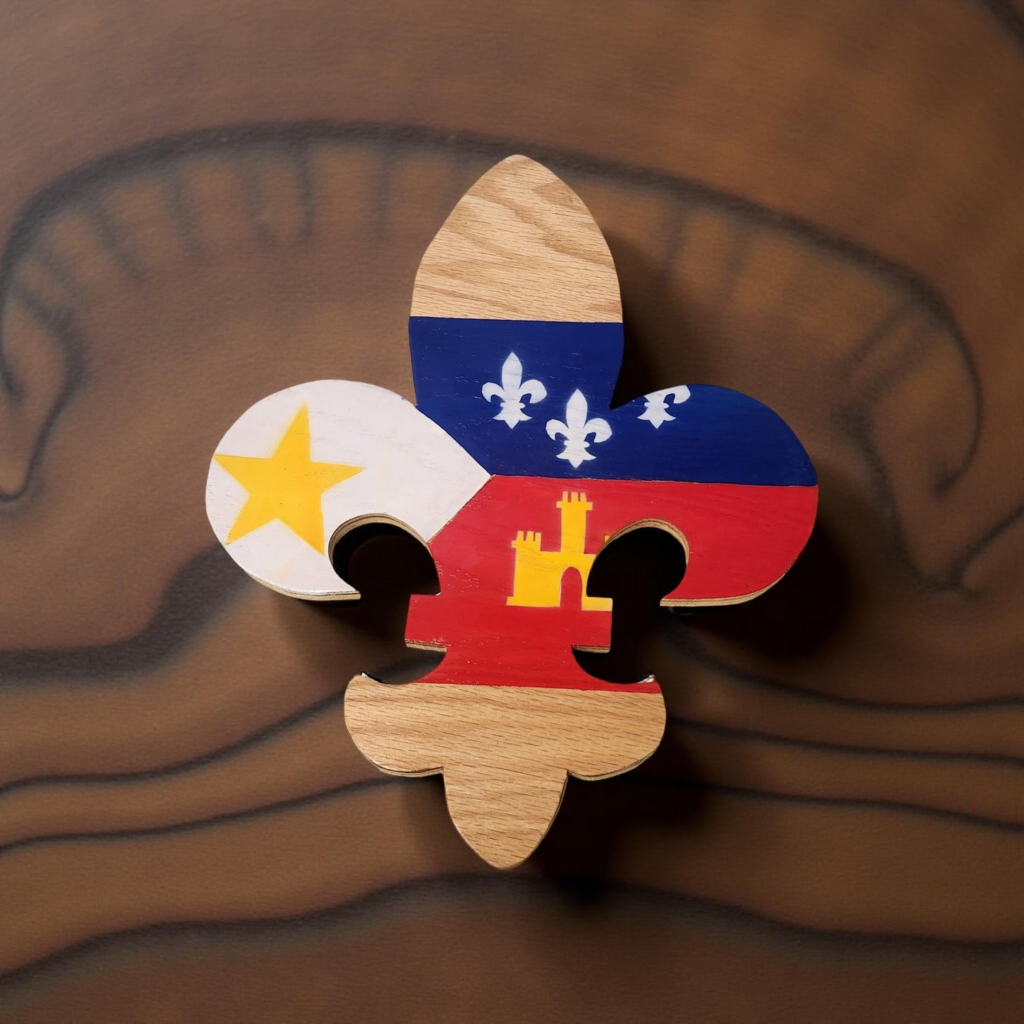 Hand-Painted Fleur de Lis Wall Plaque with Louisiana Scenery Featuring Pelican - Cypress & Sage - Vermilion