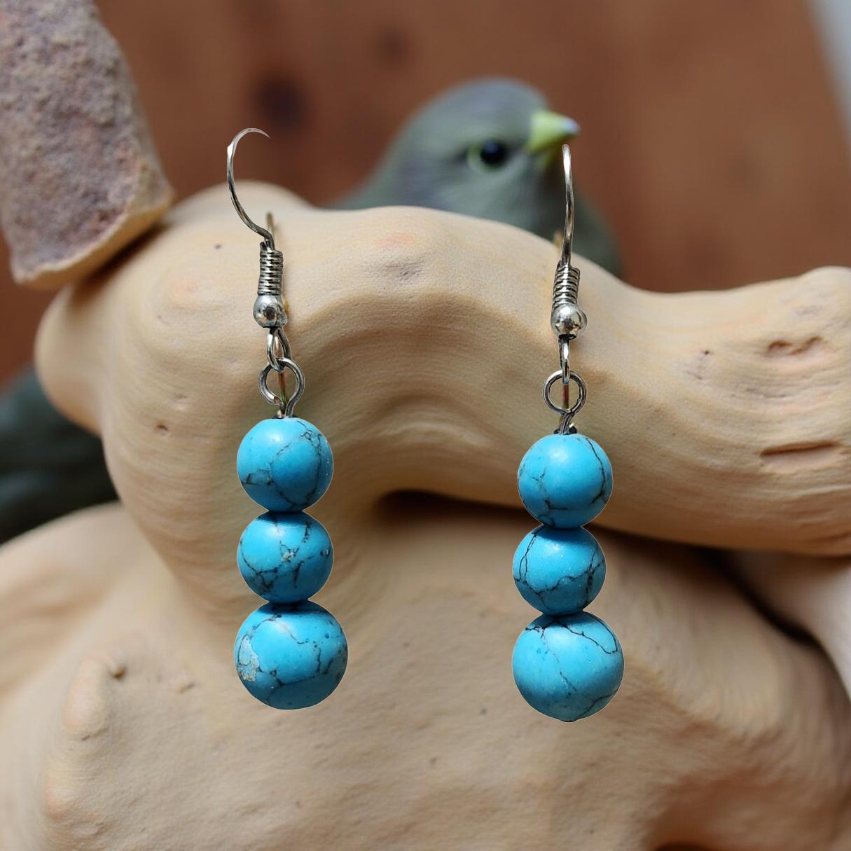 Natural Stone Drop Earrings – 3‑Tier Tiger Eye or Turquoise - Cypress & Sage - Vermilion
