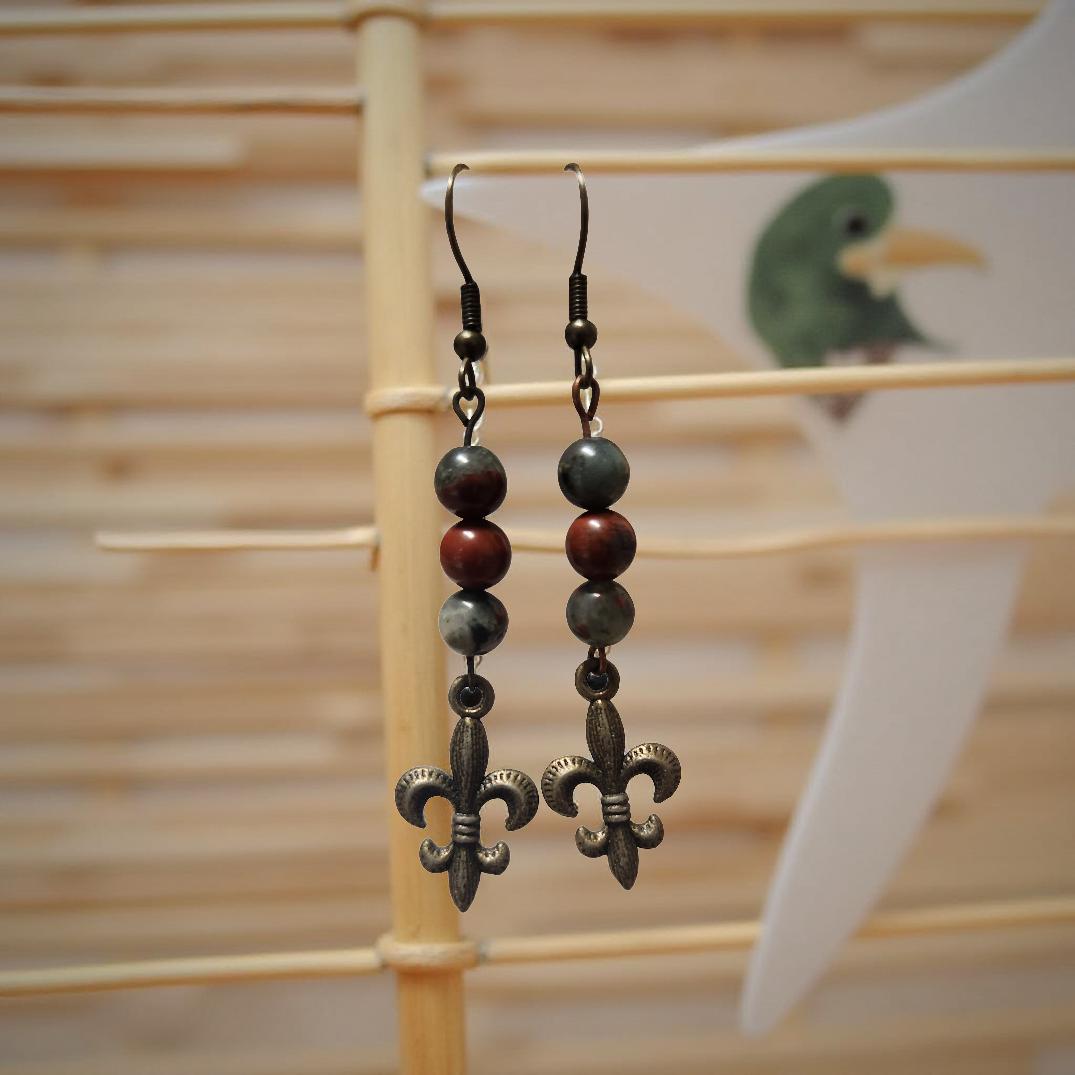 Handmade Fleur‑de‑Lis Earrings with Natural Stone Accents - Cypress & Sage - Vermilion