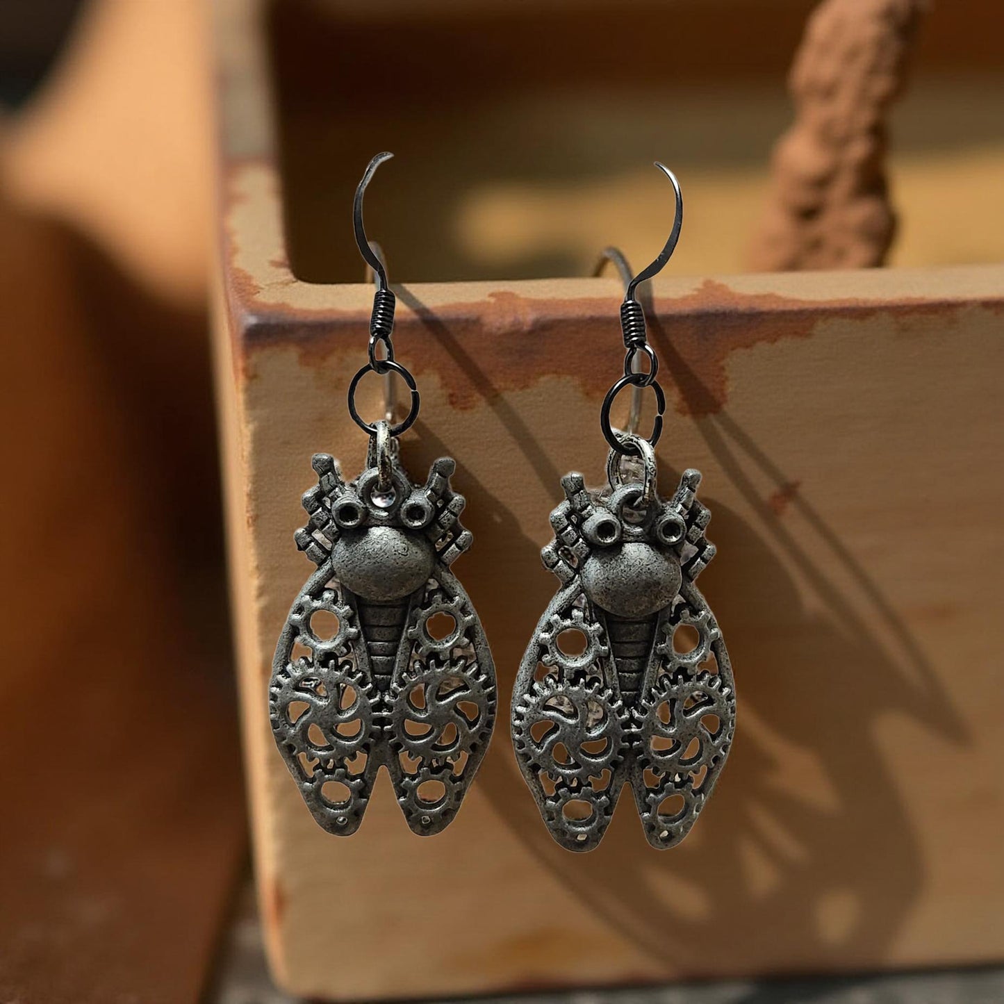 Handmade Steampunk Earrings – Gear, Moth & Beetle Statement Jewelry - Cypress & Sage - Vermilion