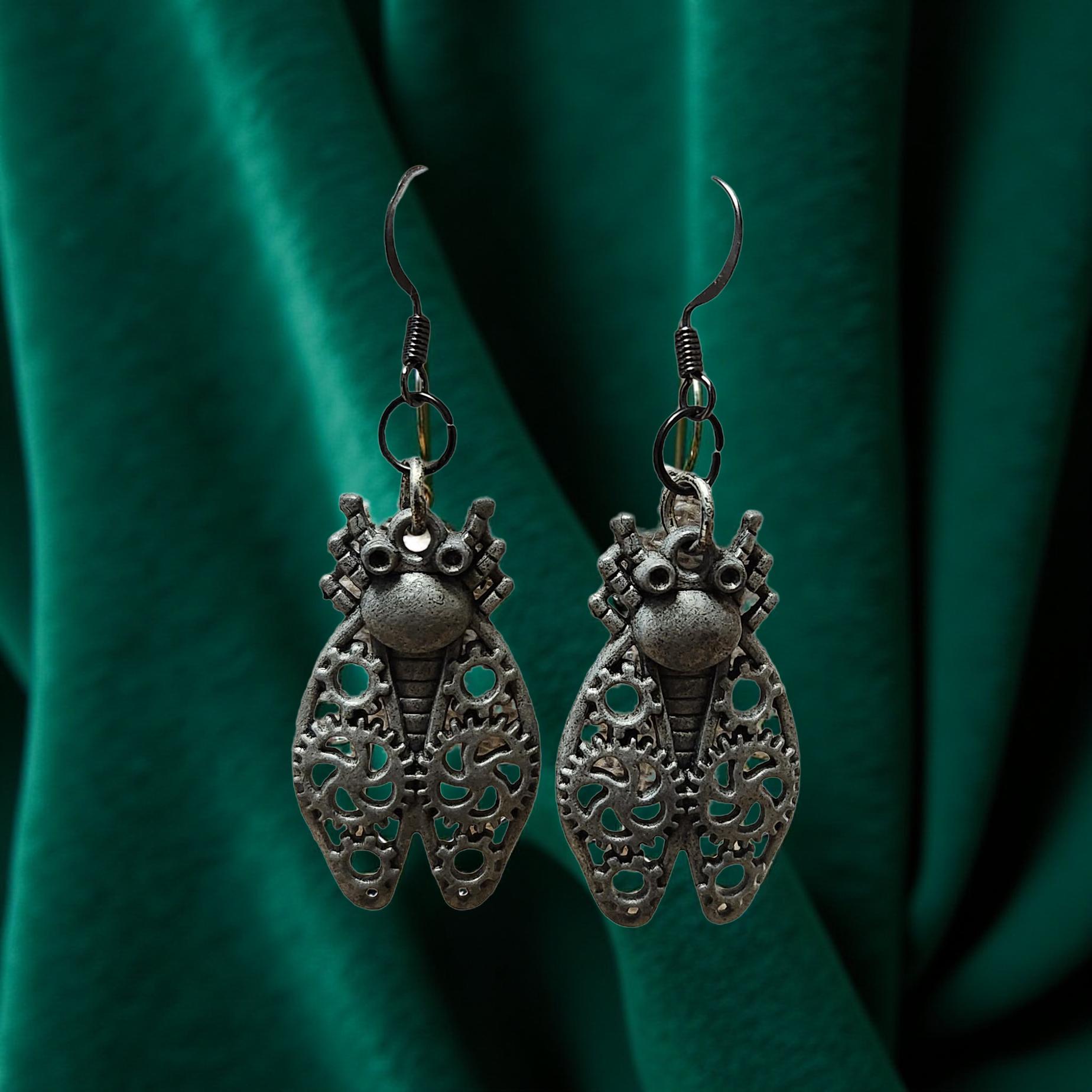 Handmade Steampunk Earrings – Gear, Moth & Beetle Statement Jewelry - Cypress & Sage - Vermilion