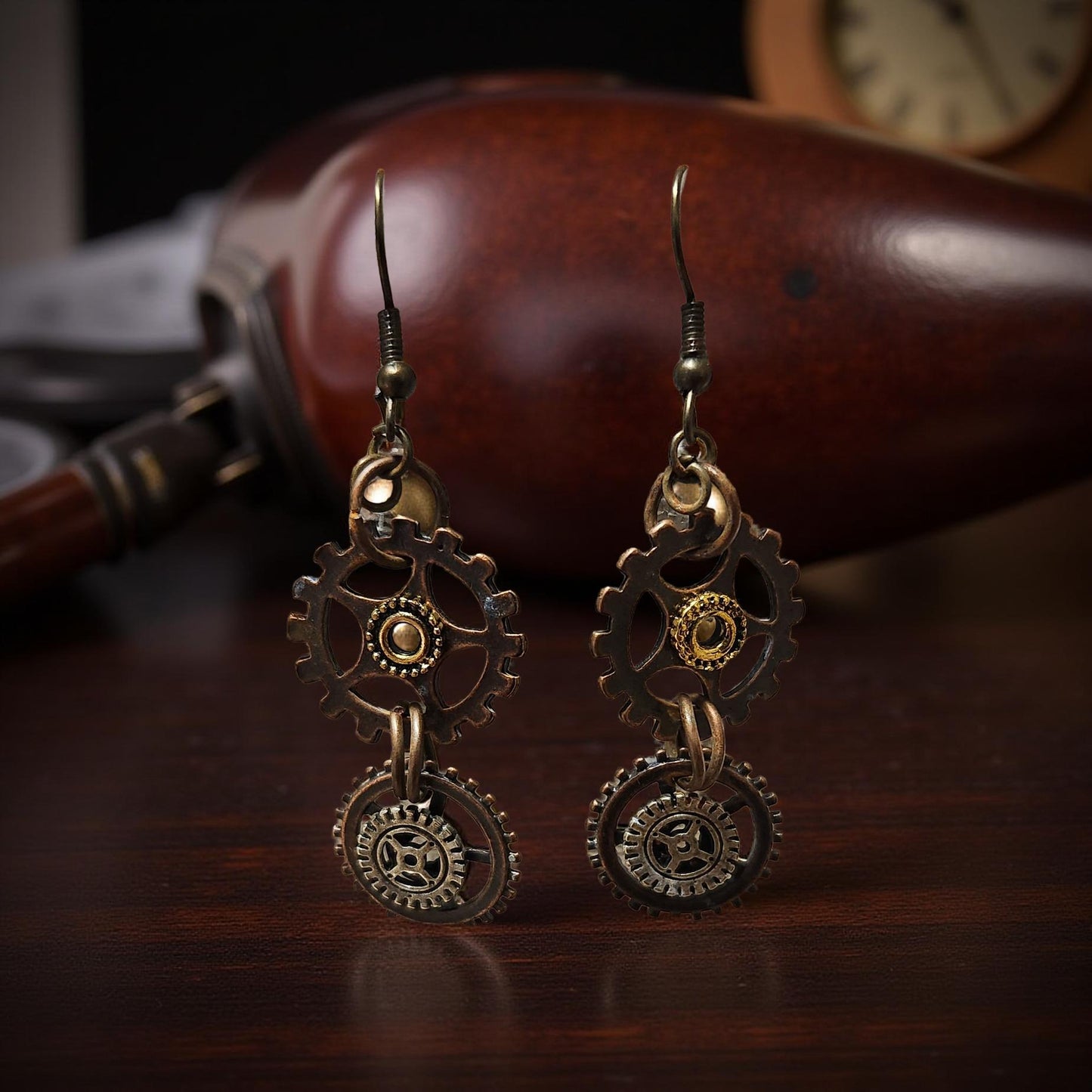 Handmade Steampunk Earrings – Gear, Moth & Beetle Statement Jewelry - Cypress & Sage - Vermilion