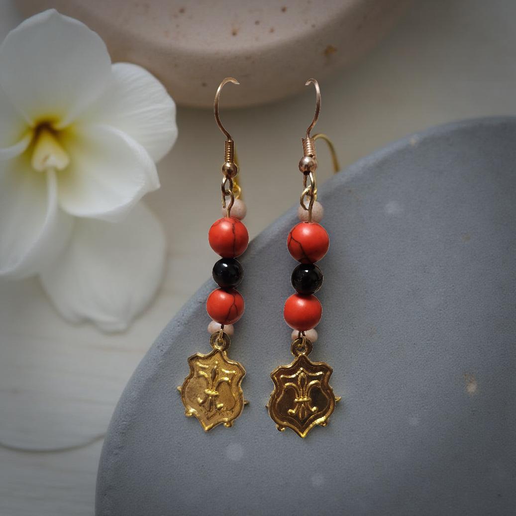 Handmade Fleur‑de‑Lis Earrings with Natural Stone Accents - Cypress & Sage - Vermilion