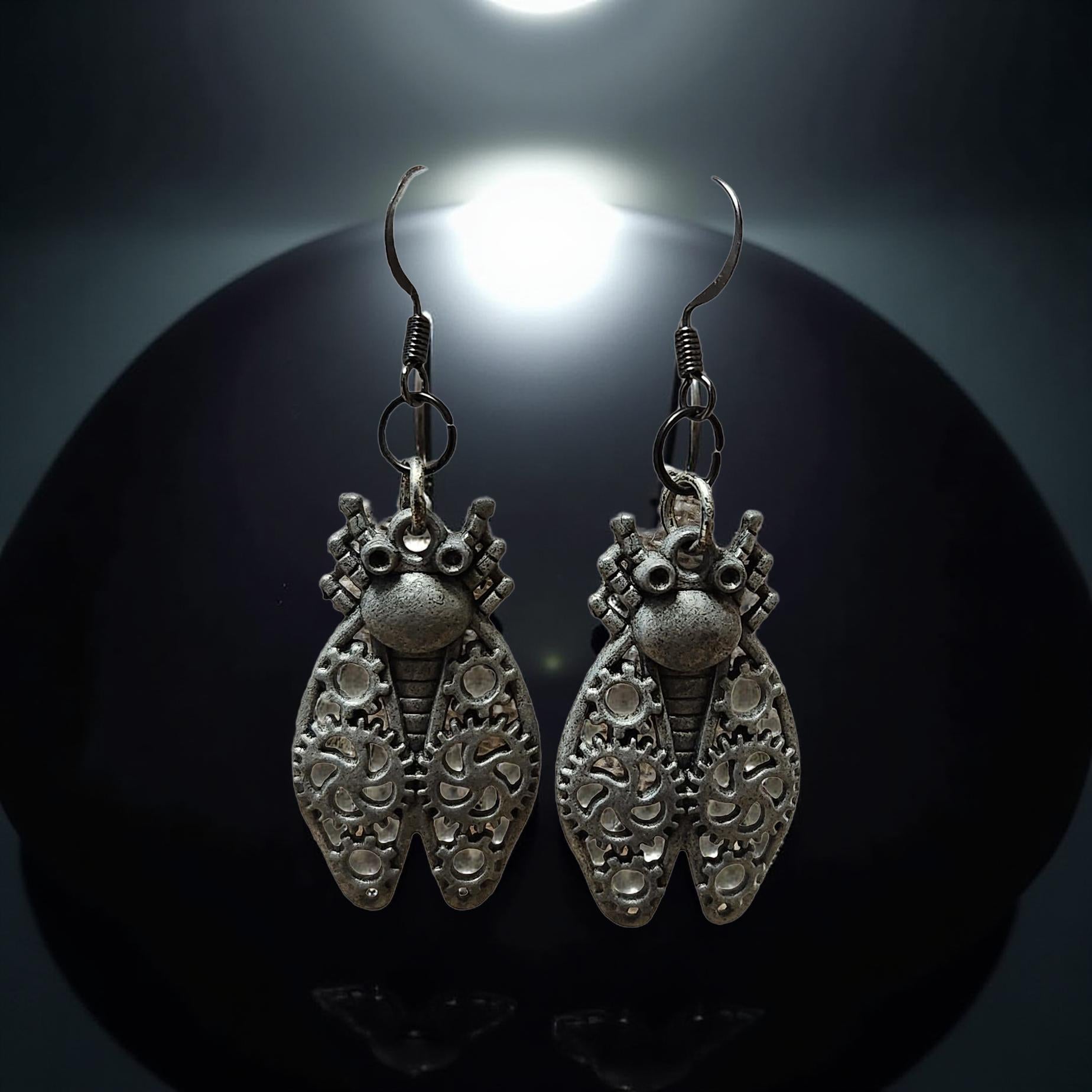 Handmade Steampunk Earrings – Gear, Moth & Beetle Statement Jewelry - Cypress & Sage - Vermilion